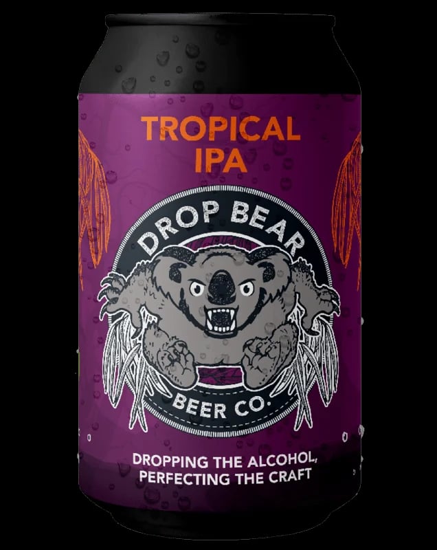Drop Bear Beer Co. Tropical IPA alcohol-free beer with tropical citrus and passion fruit hop flavors and a clean bitter finish in 330ml packaging