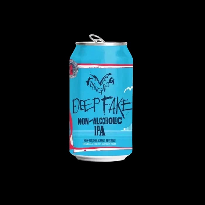 Flying Dog Deep Fake non-alcoholic beer featuring vibrant citrus and juicy hop flavors in a smooth, low-calorie IPA style beverage