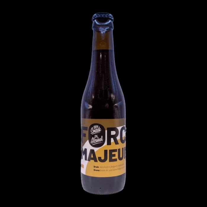 Force Majeure Bruin non-alcoholic Belgian brown ale showcasing rich caramel and spiced cinnamon flavors with 0.0% alcohol and low calories