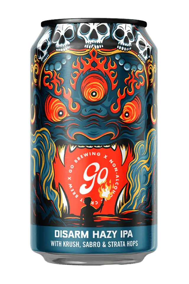 Disarm Hazy IPA from Go Brewing with tropical juicy hops and a smooth, alcohol-free beer profile for a refreshing experience