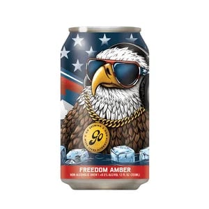 Freedom Amber non-alcoholic beer with gluten-free grains and adaptogens featuring a bold earthy caramel flavor profile