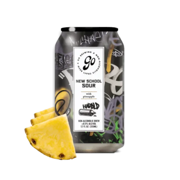 Go Brewing New School Sour Pineapple non-alcoholic beer featuring tropical pineapple zest and refreshing tangy flavor in an alcohol-free brew.