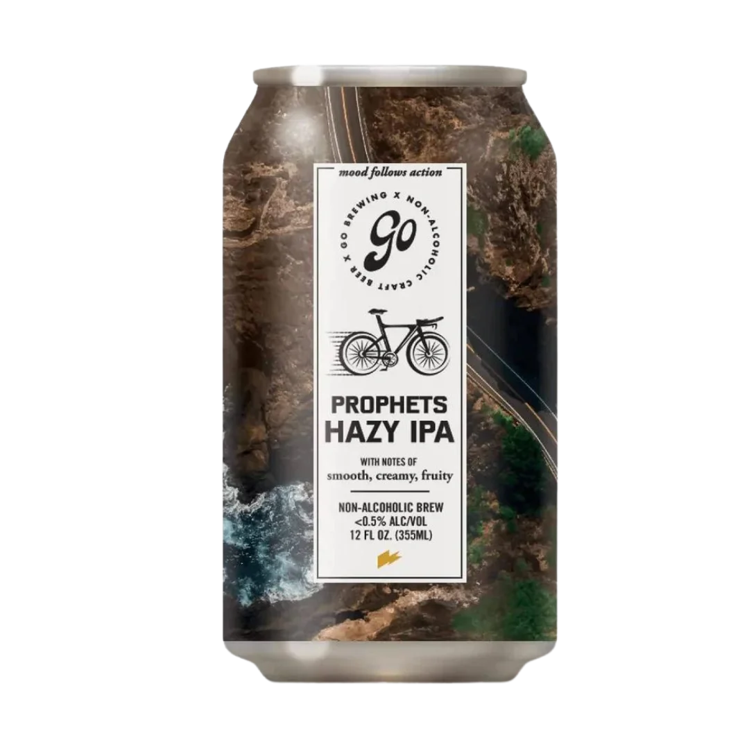 Prophets Hazy IPA non-alcoholic beer with tropical pineapple, mango, and tangerine flavors, smooth and creamy profile, vibrant design on plain background
