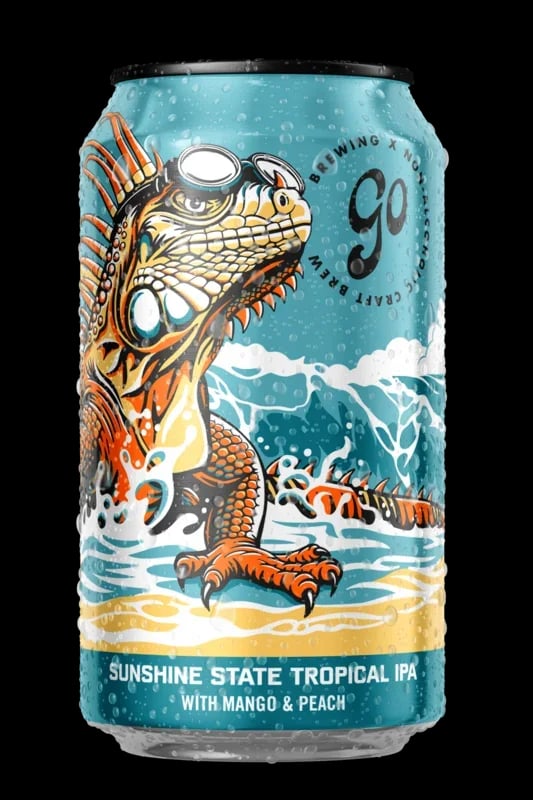 Sunshine State Tropical IPA non-alcoholic beer featuring tropical mango and peach flavors with floral hop notes against a plain background