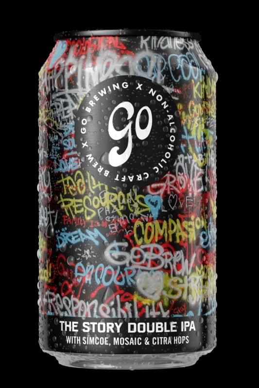 The Story Double IPA non-alcoholic beer by Go Brewing featuring a golden hue and hop-forward flavor profile with grapefruit and tropical notes