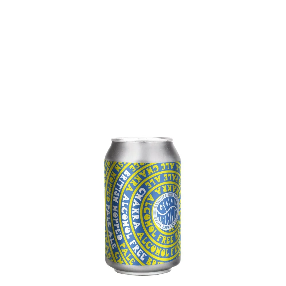 Good Karma Chakra Pale Ale non-alcoholic beer featuring British hops with pine, apricot, and tangerine flavor notes on plain background