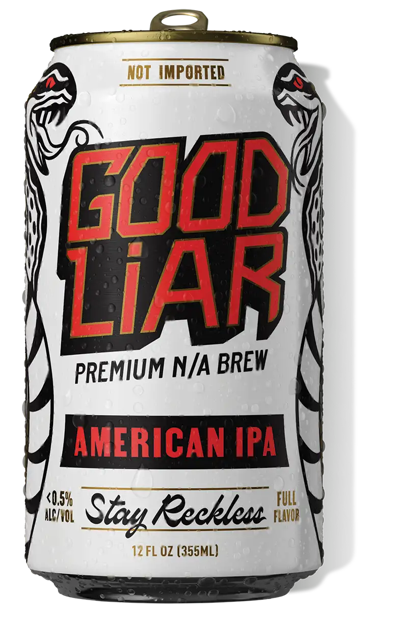 Good Liar's Midwest IPA, a non-alcoholic American IPA featuring bold style and intentional branding.
