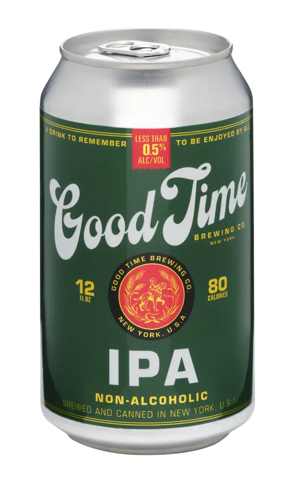 Good Time Brewing Non-Alcoholic IPA with a balanced hoppy flavor and smooth malt backbone, perfect alcohol-free and zero-alcohol beer option.