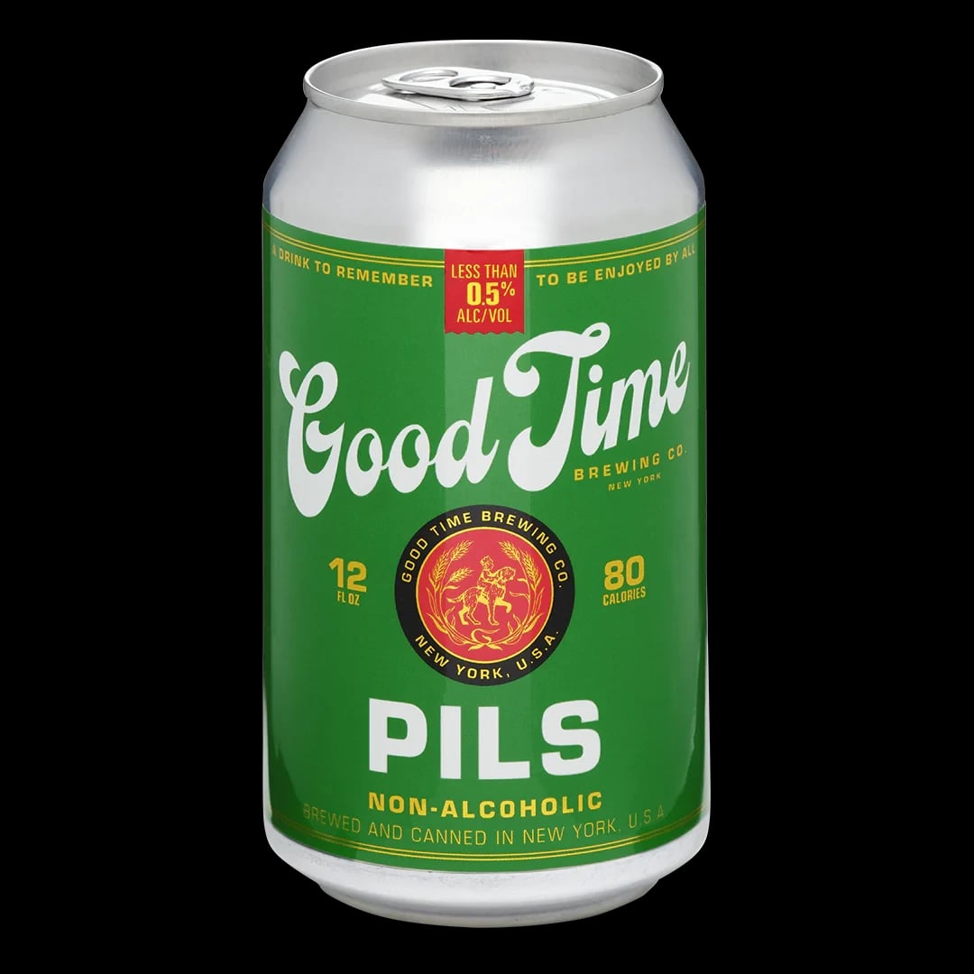 Good Time Brewing Non-Alcoholic Pilsner showcasing a crisp, refreshing alcohol-free beer with traditional malt and hop character