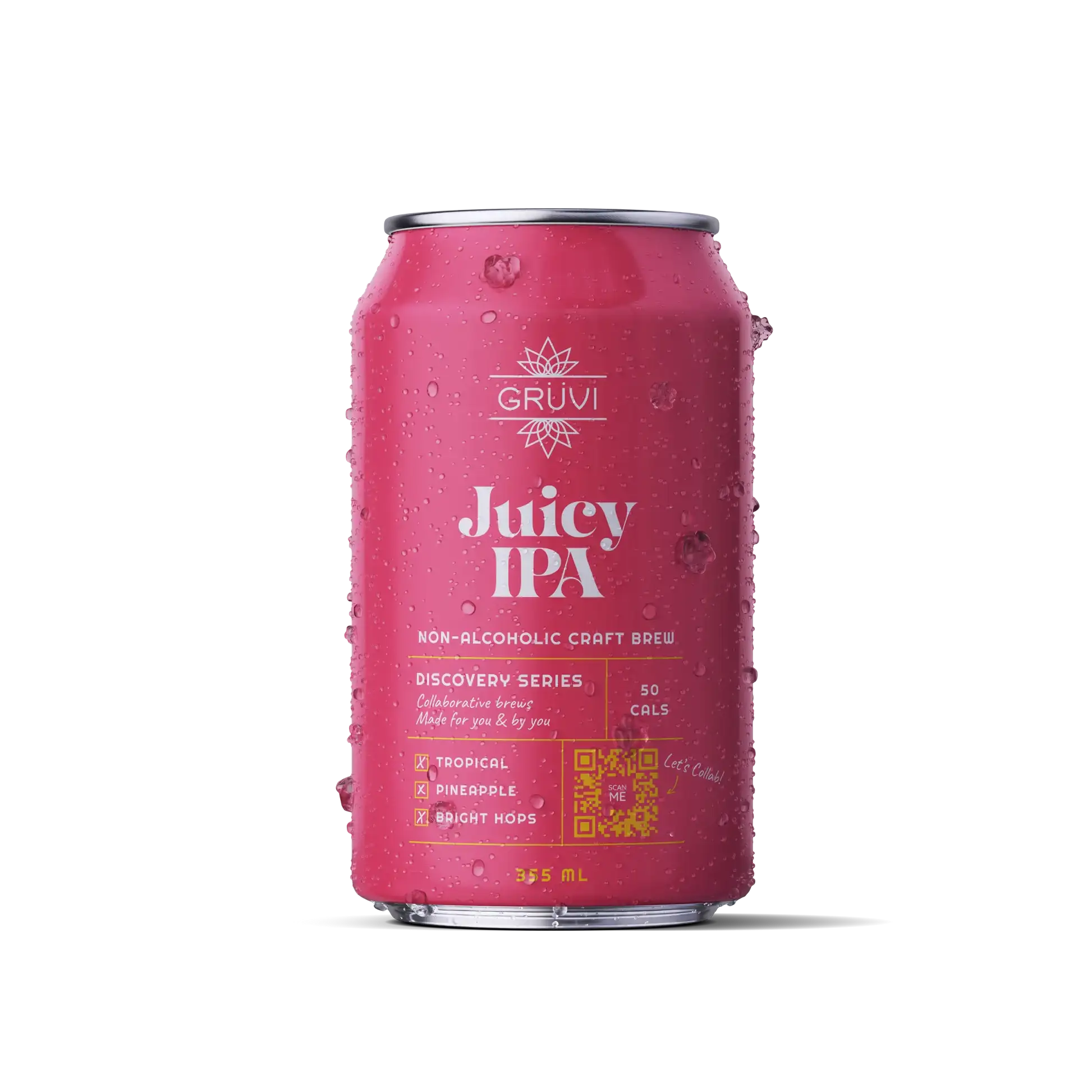 Image of Gruvi Juicy IPA non-alcoholic beer featuring tropical notes and a hazy, frothy presentation in a sleek container