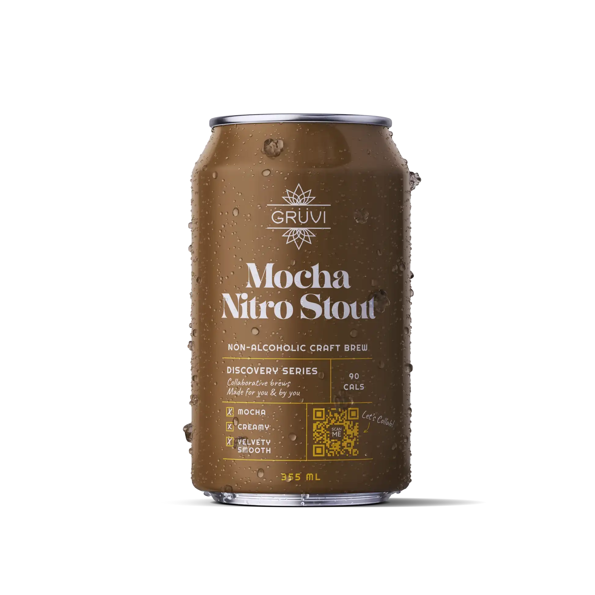 Image of Gruvi Mocha Nitro Stout non-alcoholic beer showcasing its creamy, nitrogen-infused texture and rich coffee and chocolate flavors