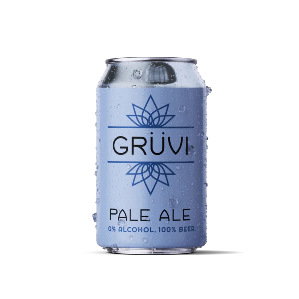 Gruvi Pale Ale non-alcoholic beer featuring a light caramel color and balanced bitterness with citrus and pine hop notes