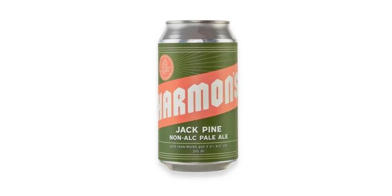 Jack Pine Non-Alc Pale Ale by Harmon's featuring sunset orange hue with citrus and pine hop notes, crafted with malted barley, wheat, and oats