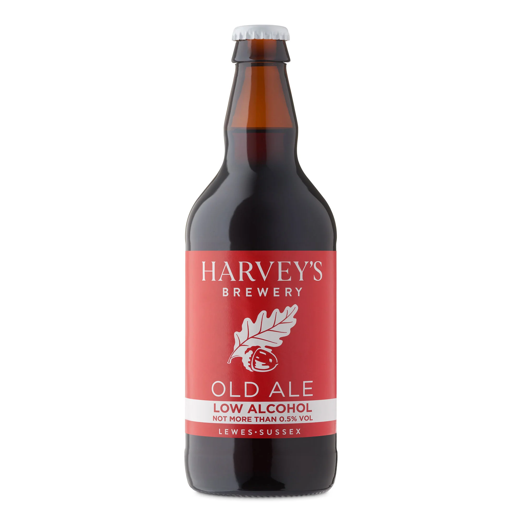 Harvey's Old Ale Low Alcohol, a rich and dark non-alcoholic beer with a deep amber color, reflecting brewing heritage and tradition.