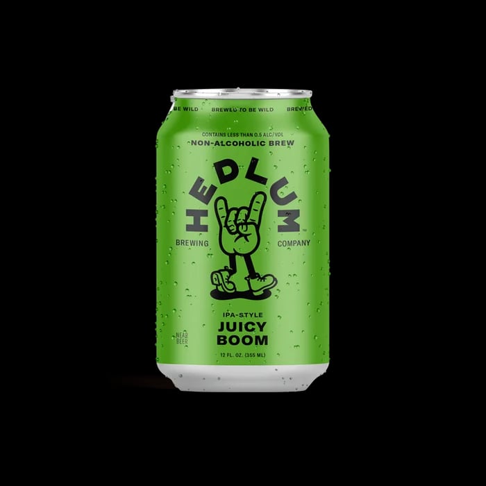 Hedlum Juicy Boom IPA non-alcoholic beer featuring tropical and citrus hop aroma with a balanced and juicy profile