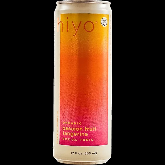 Hiyo Passionfruit Tangerine non-alcoholic beer featuring tropical passionfruit and tangy tangerine with organic adaptogens in a refreshing functional seltzer