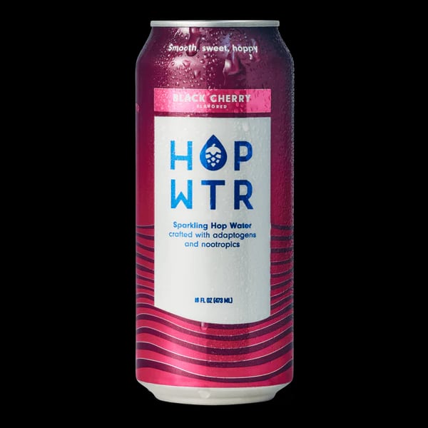 Hop Wtr Black Cherry non-alcoholic sparkling hop water featuring crisp IPA-inspired hop flavors with black cherry fruit infusion