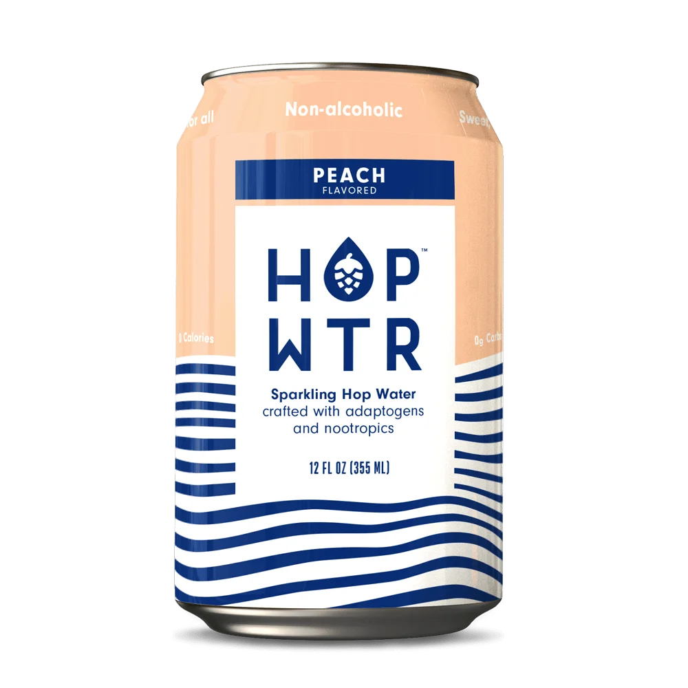 Hop WTR Peach non-alcoholic hop water with adaptogens and juicy peach and hops flavor, zero alcohol and zero calories