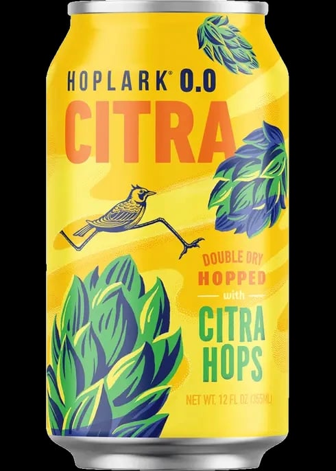 Hoplark 0.0 Citra, a sparkling non-alcoholic beverage made with Citra hops and sparkling water, showcased against a plain background.