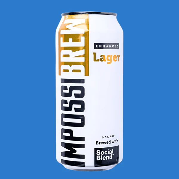 Impossibrew Enhanced Lager non-alcoholic beer featuring a refreshing, dry-hopped crisp lager with citrus and herbal notes perfect for zero-alcohol beer lovers