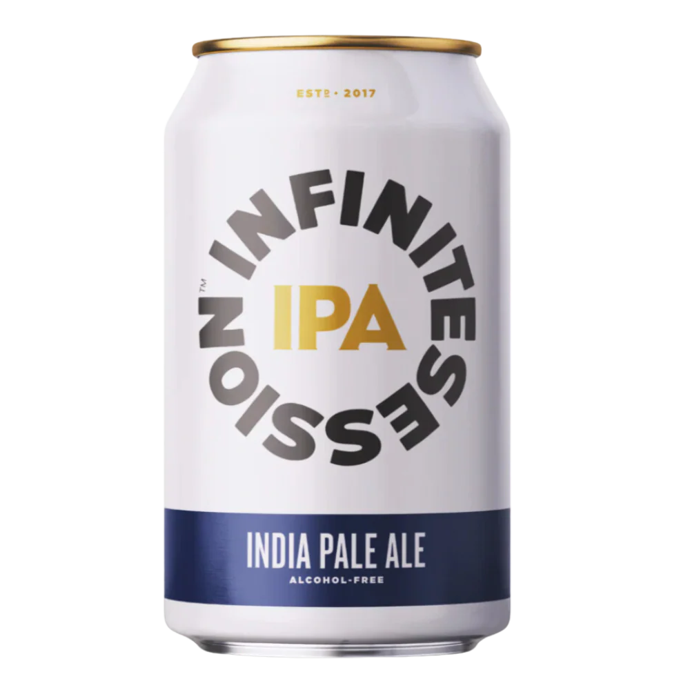 Infinite Session IPA non-alcoholic beer featuring amber gold color and bold citrus and tropical fruit aromas with a smooth texture and refreshing finish