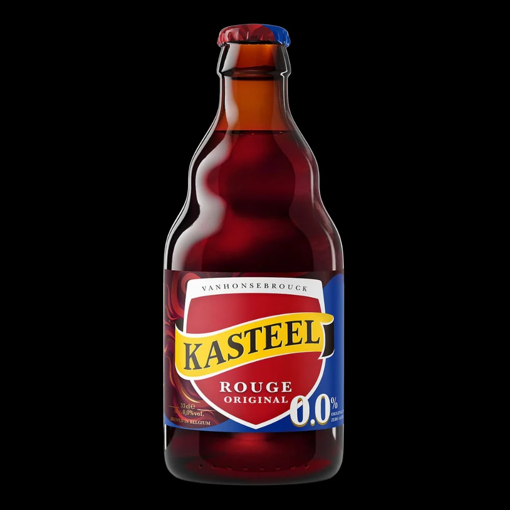 Kasteel Rouge Alcohol Free Cherry Beer showcasing rich ruby-red color and creamy foam head with fruit-forward and subtle spice notes