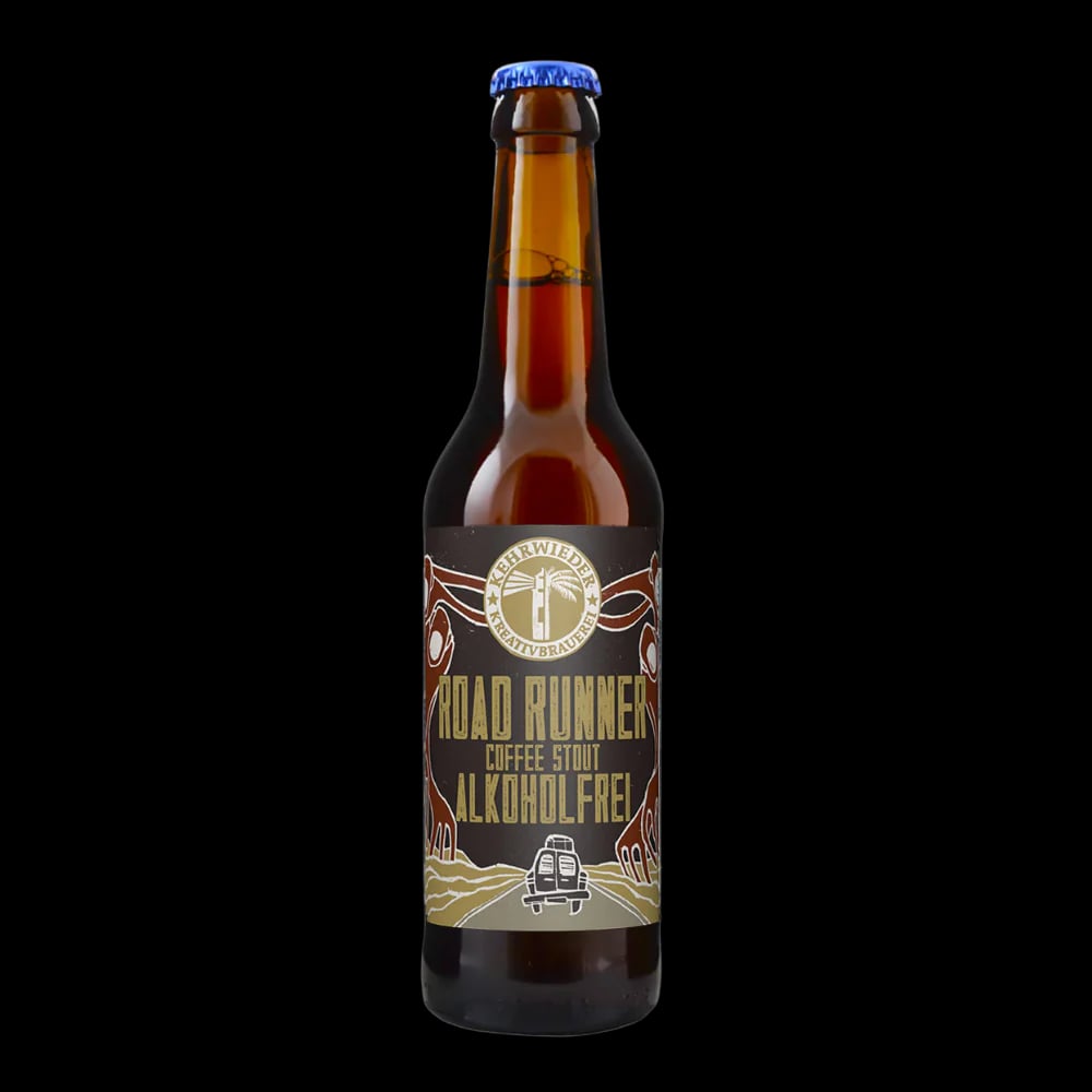 Kehrwieder Road Runner Non-Alcoholic Coffee Stout with dark rich color and creamy tan head, a zero-alcohol beer with bold roasted coffee flavor.