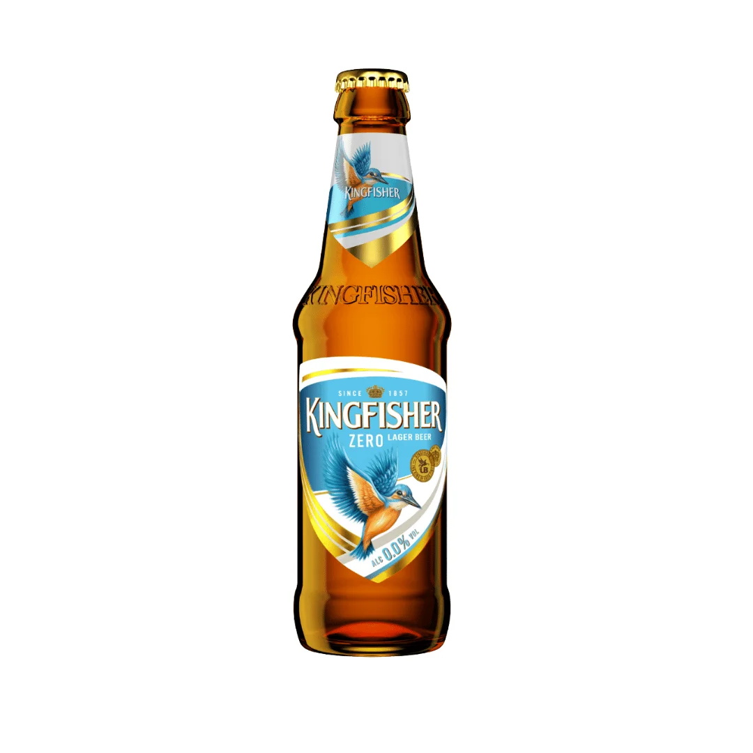 Kingfisher Zero Non-Alcoholic Lager, a refreshing and vegan-friendly alcohol-free beer, available for chilling perfection.