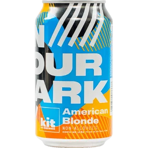 On Your Mark Blonde non-alcoholic beer showcasing light citrus and pine flavors with a biscuity malt base, brewed by Kit NA Brewing in Portland.
