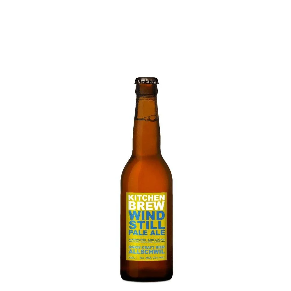 Windstill Pale Ale by Kitchen Brew showcasing a golden, unfiltered non-alcoholic beer with a balanced malty and hoppy profile