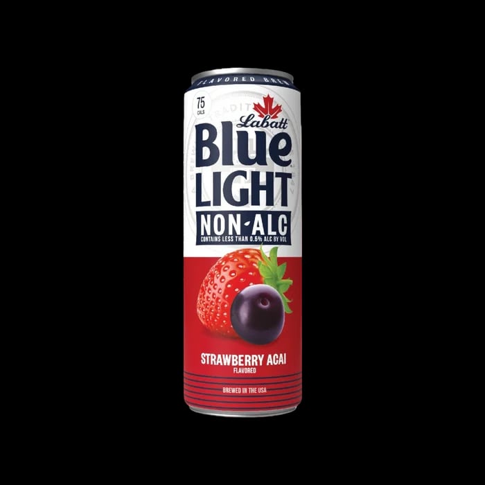 Labatt Blue Light Non-Alcoholic Strawberry Acai brew featuring vibrant strawberry and acai fruit flavors in a refreshing lager style non-alcoholic beer