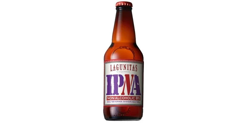 Lagunitas IPNA non-alcoholic IPA beverage showcasing a bold piney hop aroma balanced with smooth malt character on plain background
