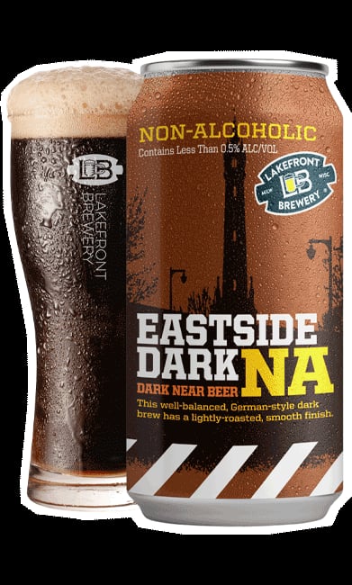 Lakefront Eastside Dark Non-Alcoholic Beer, a dark brown, smooth brew with a blend of specialty malts against a plain background.