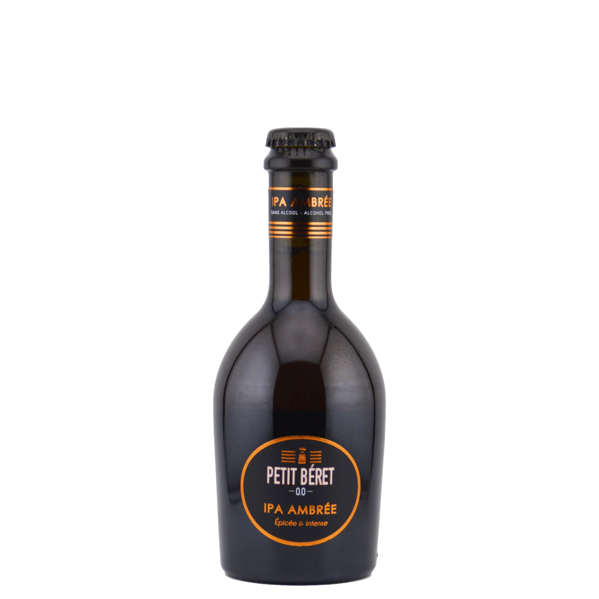 Le Petit Beret Amber IPA non-alcoholic craft beer featuring a deep amber color, creamy head, and bold citrus, pine, and caramel aroma