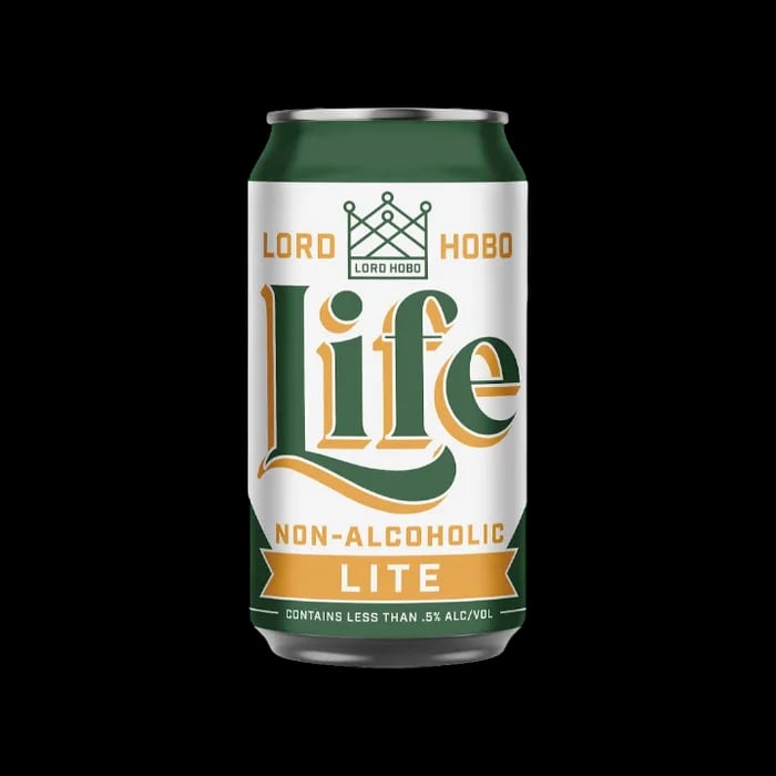 Life Non-Alcoholic Lite by Lord Hobo Brewing showcasing a soft haze and bready aroma in a zero-alcohol beer crafted for crisp and fruity taste