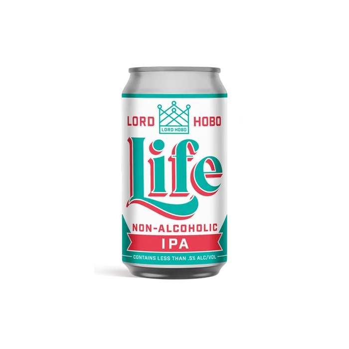 Lord Hobo Brewing Life Non-Alcoholic IPA featuring a hazy golden appearance with tropical fruit and citrus aroma and flavor