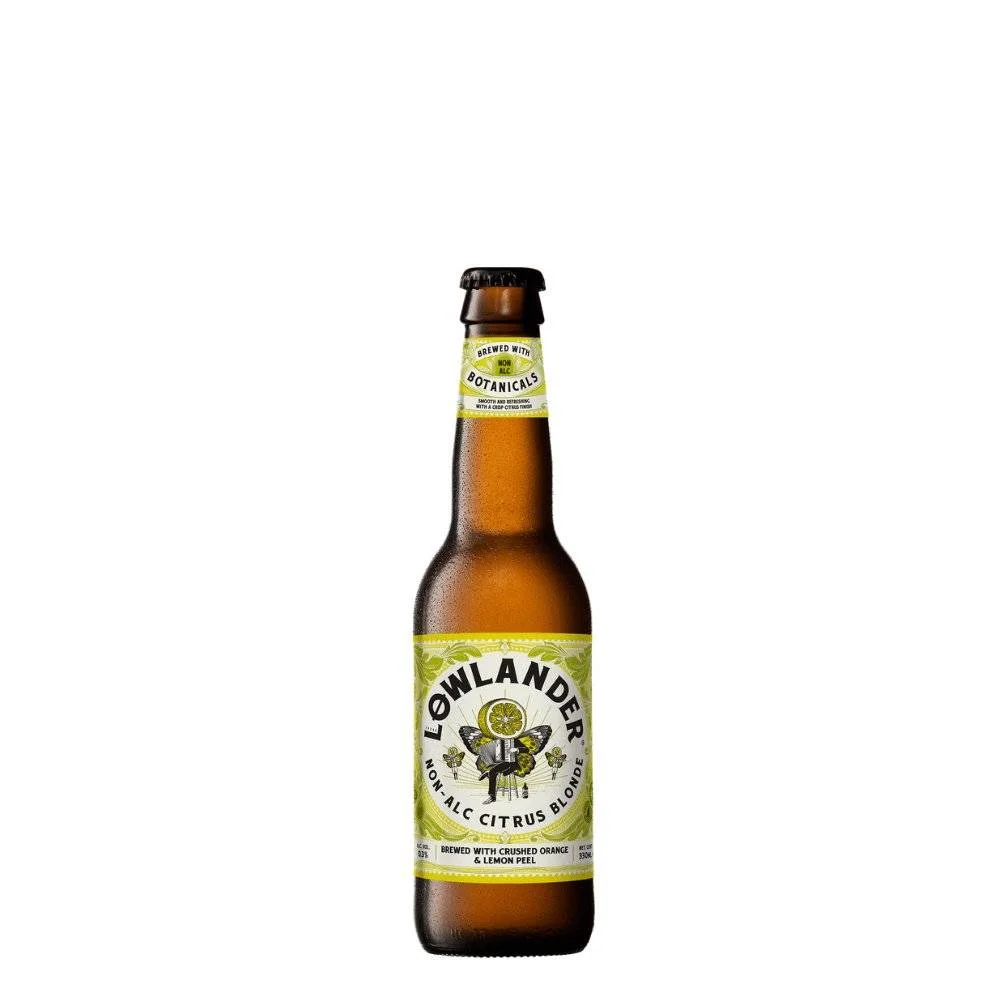 Lowlander Citrus Blonde alcohol-free botanical beer featuring crushed orange and lemon peel, offering a smooth citrus finish and light floral notes