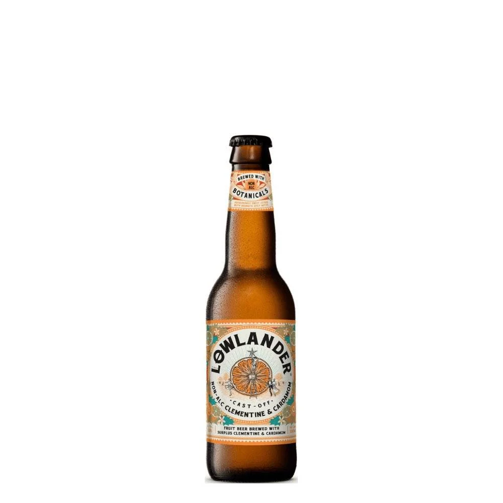 Lowlander Clementine & Cardamom Alcohol-Free Beer featuring citrus and cardamom flavors against a plain background.