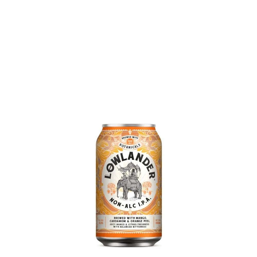 Lowlander Botanical Beers IPA featuring non-alcoholic beer infused with mango, cardamom, and orange peel, showcasing aromatic citrus notes and balanced bitterness