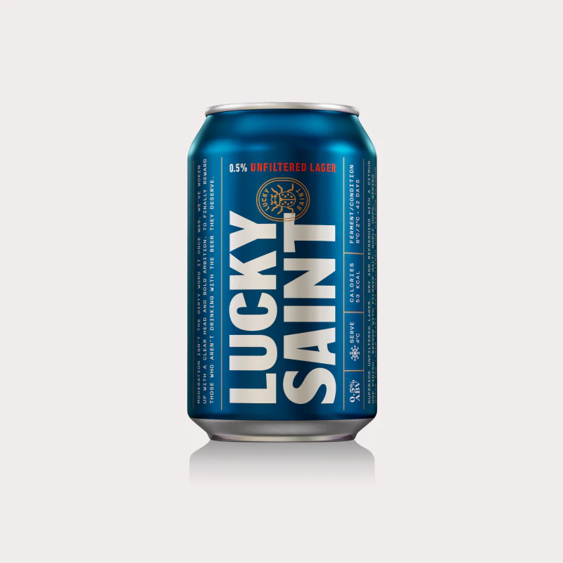Lucky Saint Unfiltered Lager alcohol-free beer featuring natural ingredients and traditional Bavarian brewing with a smooth, citrusy finish