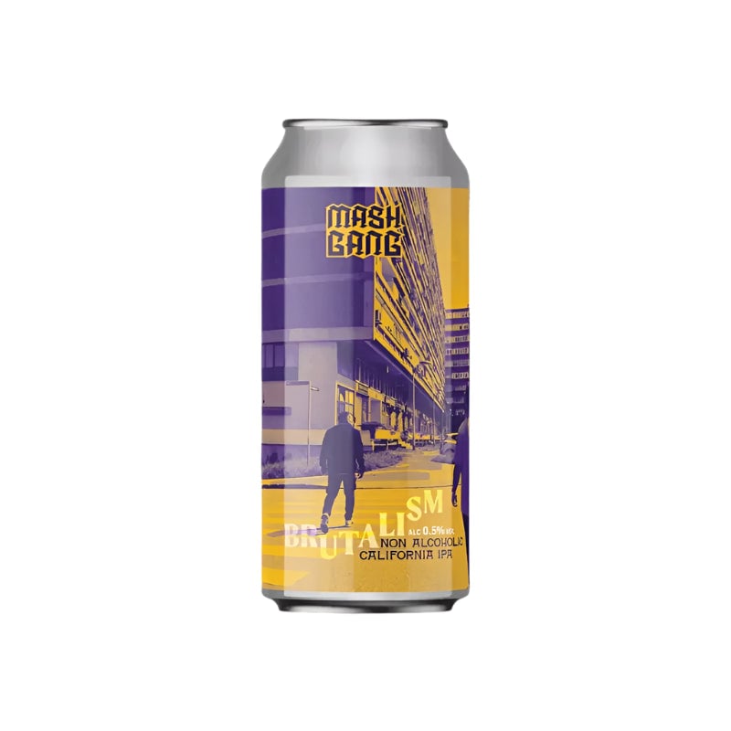 Mash Gang Brutalism, a vibrant non-alcoholic IPA with a contemporary aesthetic, showcasing a bold approach to alcohol-free beer.