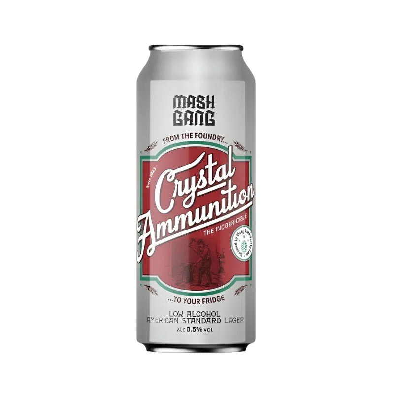 Mash Gang Crystal Ammunition non-alcoholic beer featuring bold New World hops and a spicy finish, distinctive alcohol-free lager.