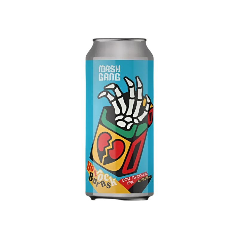 Mash Gang Hot Rock Burns non-alcoholic beer with vibrant pine-forward hops and bold flavors delivering a classic West Coast IPA experience
