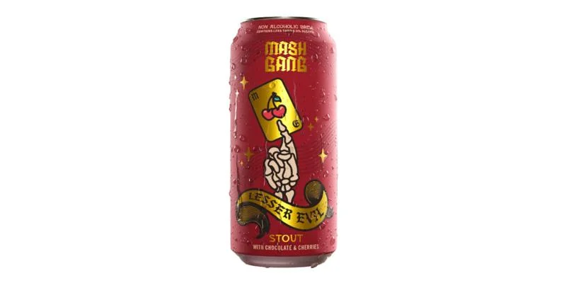 Lesser Evil Dark Brew non-alcoholic beer featuring a decadent chocolate stout with sweet and sour cherry, vanilla, and creamy oat notes