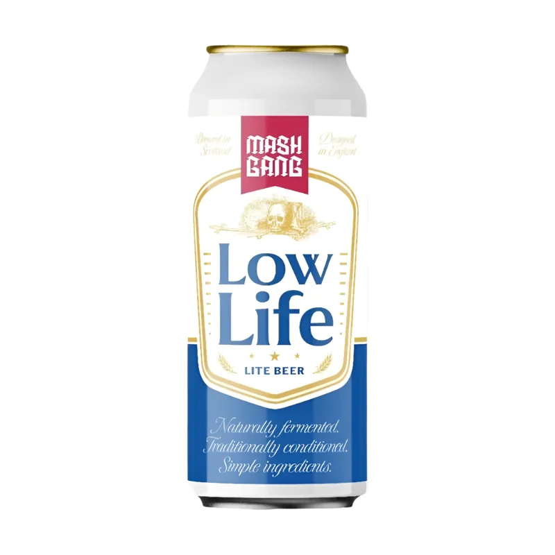 Mash Gang Low Life, a crisp and clean non-alcoholic beer lager featuring a subtle bitterness and straightforward flavor profile