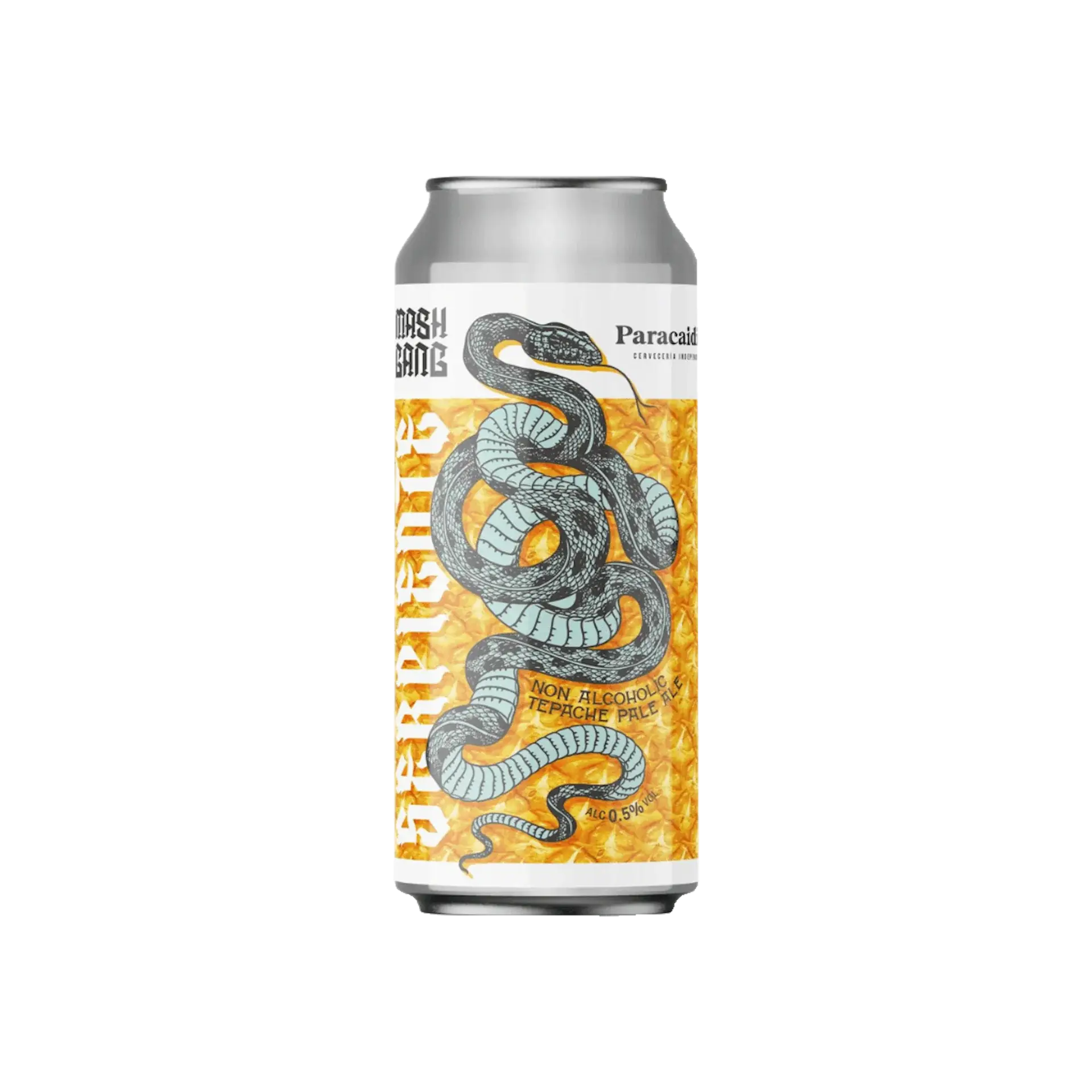 Serpiente by Mash Gang, a non-alcoholic Tepache-inspired pale ale featuring pineapple sourness, spicy chili, and mixed spices for a flavorful experience.