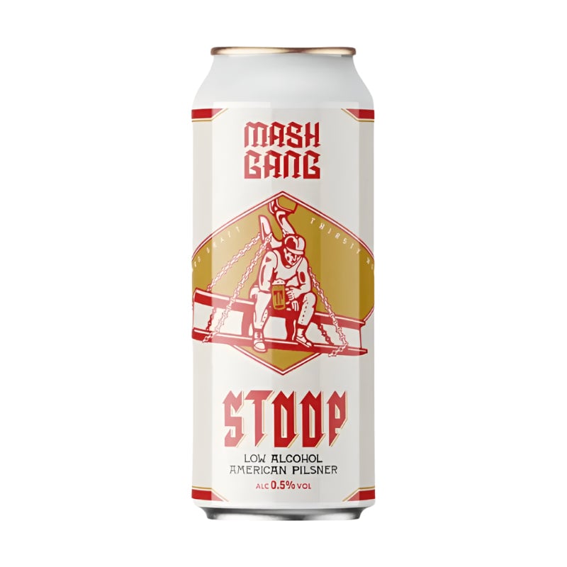 Mash Gang Stoop American Pilsner non-alcoholic beer with light hop bitterness and spicy oak finish against a plain background