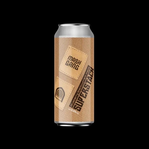 Mash Gang Superstack non-alcoholic sour beer featuring blueberry, blackcurrant, maple sweetness, and smooth vanilla notes on plain background
