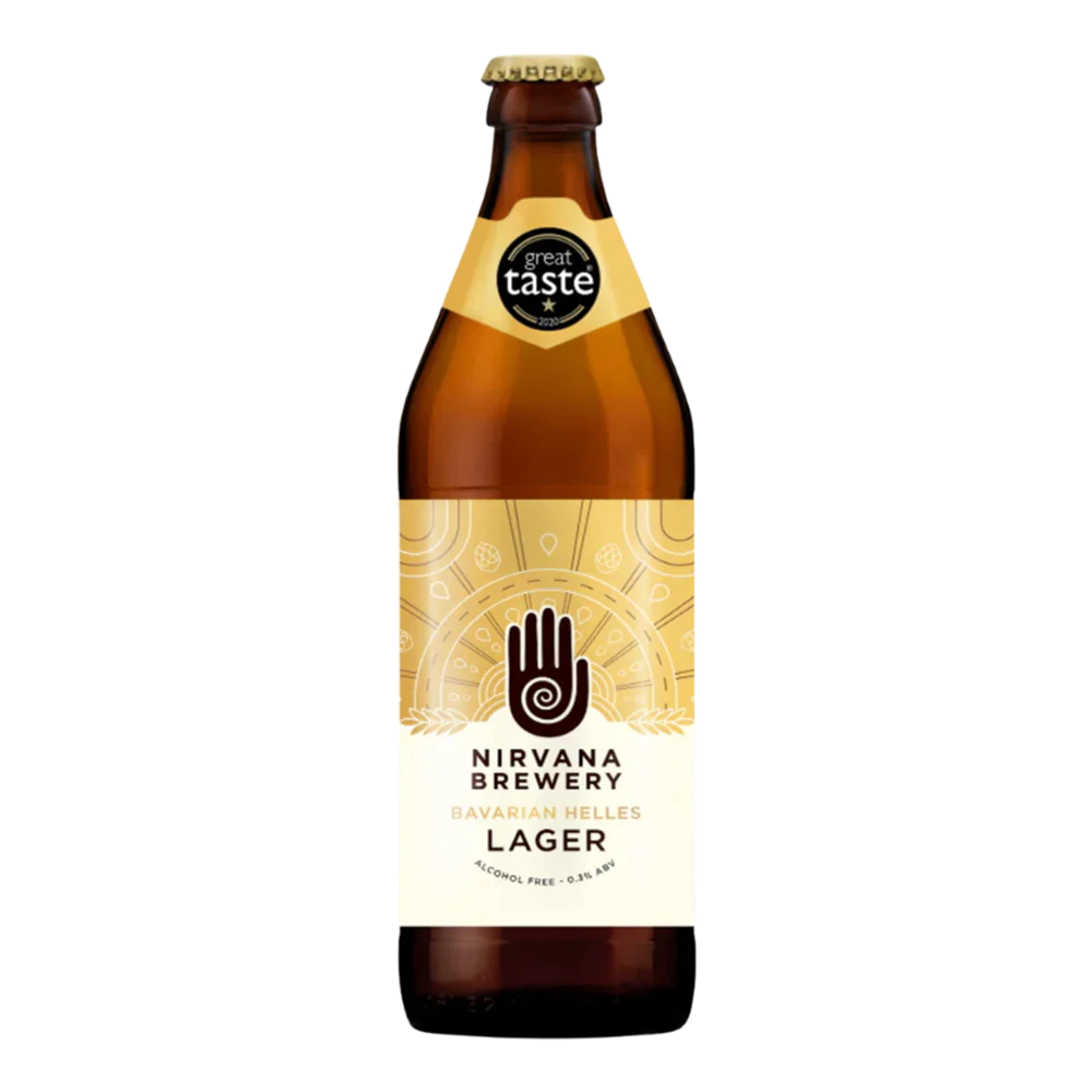 Nirvana Brewery Bavarian Helles Lager alcohol-free beer with golden color and natural carbonation offering balanced sweetness and bitterness