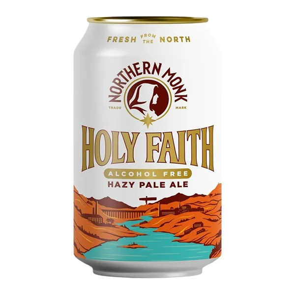 Northern Monk Holy Faith non-alcoholic pale ale with a hazy golden-orange appearance reflecting a flavorful zero-alcohol beer experience